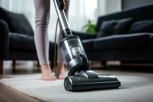 ai generato un' donna Lavorando con un' vuoto su un' tappeto foto