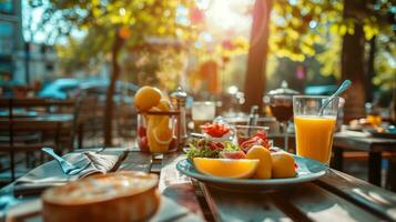 ai generato bellissimo pubblicità foto di estate prima colazione nel all'aperto bar con copia spazio