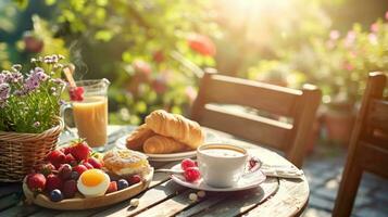 ai generato bellissimo pubblicità foto di estate prima colazione nel all'aperto bar con copia spazio