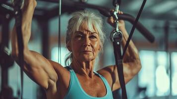 ai generato bellissimo pubblicità foto di vecchio donna formazione nel Palestra