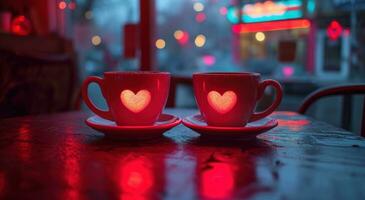 ai generato Due San Valentino tazze di caffè su un' buio tavolo foto