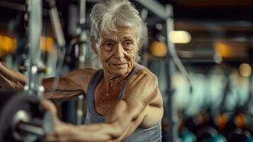 ai generato bellissimo pubblicità foto di vecchio donna formazione nel Palestra