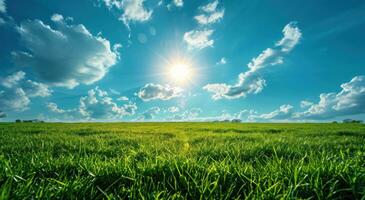 ai generato sole su verde erba con nuvole verde sfondo foto