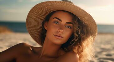 ai generato femmina spiaggia ragazza indossare un' cappello e posa su il spiaggia foto