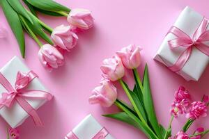 ai generato regalo scatole con rosa nastro legato in giro rosa tulipani su un' rosa superficie foto