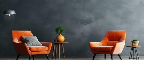 ai generato camera concetto arancia e grigio colore tavolozza con grigio, nero accento sedie foto