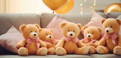 ai generato orsacchiotto orsi sedersi su il divano con cuscini a un' figli di compleanno festa foto