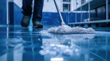 ai generato generativo ai, faccende domestiche, pulizia, persona con un' Mocio per pulito il pavimento. ufficio o domestico lavoratore, addetto alle pulizie e casalinga foto