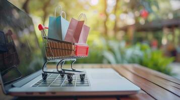 ai generato generativo ai, shopping carrello con shopping borse in piedi su il computer portatile tastiera del computer, negozio in linea, gratuito consegna, sconti e vendita concetto. foto