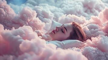 ai generato generativo ai, giovane donna siamo addormentato circondato di soffice cotonoso rosa nuvole nel il cielo foto