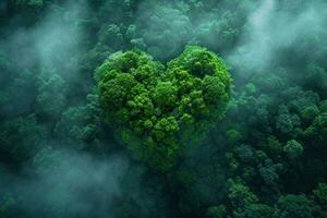 ai generato generativo ai, verde foresta con cuore forma, bellissimo paesaggio con bianca nuvole, ambiente amore pianeta concetto foto