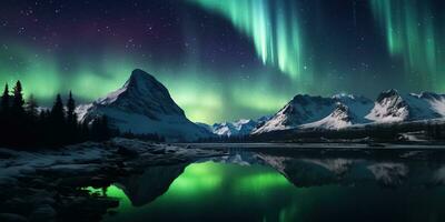 ai generato generativo ai, verde e rosa settentrionale luci sopra nevoso montagne, inverno paesaggio, aurora e riflessione su il acqua superficie foto