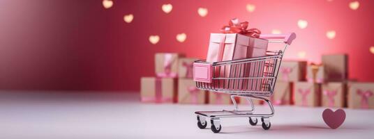 ai generato generativo ai, d'oro e rosa shopping carrello con molti regalo scatole su rosa sfondo, San Valentino giorno concetto, sconto e saldi. foto