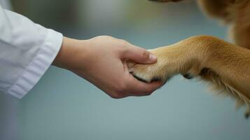 ai generato generativo ai, veterinario mano è Tenere cani artiglio. cani zampa nel umano mano. domestico animale domestico foto