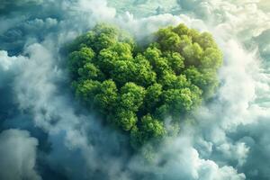 ai generato generativo ai, verde foresta con cuore forma, bellissimo paesaggio con bianca nuvole, ambiente amore pianeta concetto foto