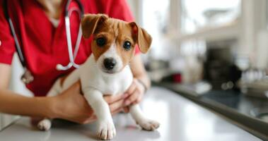 ai generato generativo ai, carino piccolo cane essere esaminato di professionale veterinario nel veterinario clinica foto