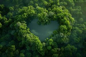 ai generato generativo ai, verde foresta con cuore forma, bellissimo paesaggio con bianca nuvole, ambiente amore pianeta concetto foto