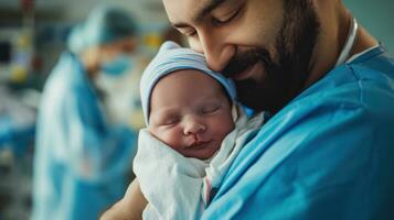 ai generato generativo ai, pediatra medico Tenere un' neonato bambino nel Ospedale, concetto di parto e assistenza sanitaria professionisti foto
