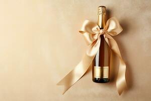 ai generato generativo ai, beige Champagne bottiglia modello con arco su beige sfondo foto