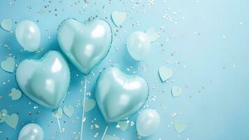 ai generato generativo ai, Foglio blu palloncini nel cuore forma e coriandoli per San Valentino giorno o nozze con copia spazio foto