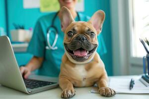 ai generato generativo ai, carino piccolo cane essere esaminato di professionale veterinario nel veterinario clinica foto