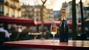 ai generato generativo ai, bicchiere di Champagne e bottiglia su di legno tavolo con sfocatura sfondo con luci di strada sbarra, bar, caffè negozio o ristorante, bevanda finto su foto