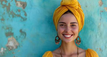 ai generato un' sorridente donna nel un' giallo Turco turbante foto