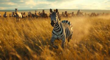 ai generato un' zebra corre giù un' pianura a seguire un' mandria di cavalli foto