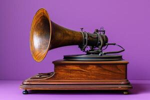 ai generato un antico grammofono seduta su un' di legno In piedi nel un' viola camera foto