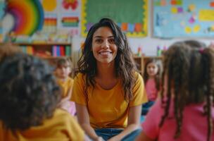 ai generato un' insegnante è parlando per un' classe di bambini foto