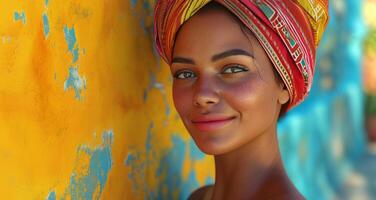 ai generato un' contento donna sorridente nel un' colorato turbante vicino colorato parete foto