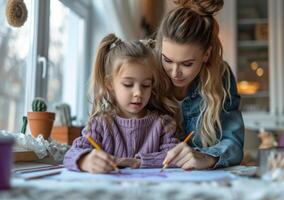 ai generato mamma e giovane ragazza disegno con pastelli per un' scuola Incarico foto