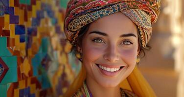 ai generato un' contento donna sorridente nel un' colorato turbante vicino colorato parete foto