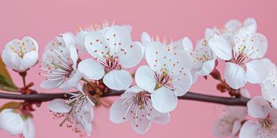 ai generato un' rosa sfondo con bianca fiori di ciliegie contro un' rosa sfondo foto