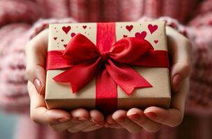 ai generato donne mani Tenere un' regalo scatola con cuori logo con rosso arco foto