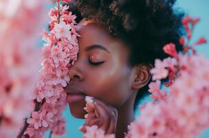 ai generato giovane nero donna odorare un' mazzo di rosa fiori foto