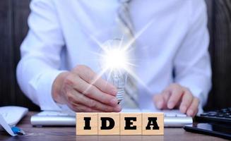 uomo d'affari che tiene la lampadina idea icona concetto, idea di innovazione, simbolo industriale, idee innovative e creative concetto semplice di lampadina business foto