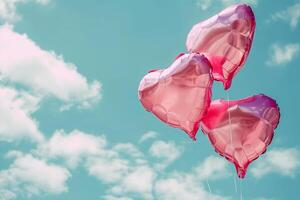 ai generato rosa cuore sagomato Foglio aria palloncini galleggiante su blu nuvoloso cielo, San Valentino giorno celebrazione foto
