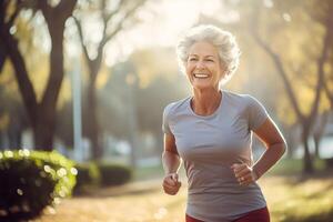 ai generato ritratto fotografia di contento anziano cittadino chi è jogging per finezza foto