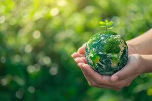 ai generato mani Tenere verde pulito globo terra su verde natura sfondo foto