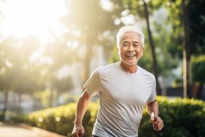 ai generato ritratto fotografia di contento anziano cittadino chi è jogging per finezza foto