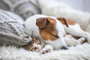 ai generato carino Jack russell cane terrier cucciolo con gatto addormentato su grigio cuscino foto