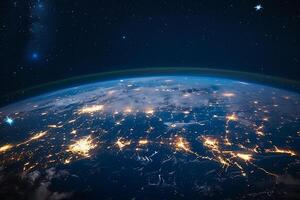 ai generato avvicinamento il pianeta terra Visualizza a notte e città illuminazione foto