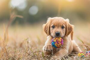 ai generato d'oro cane da riporto cane cucciolo giocando con giocattolo foto