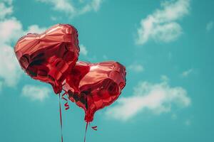 ai generato rosso cuore sagomato Foglio aria palloncini galleggiante su blu nuvoloso cielo, San Valentino giorno celebrazione foto