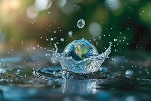 ai generato globle mondo lancio nel un' acqua, concetto per acqua trazione e prudente foto