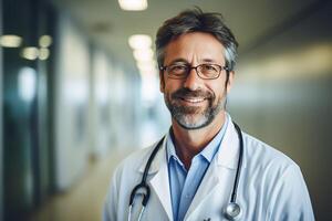 ai generato un' contento medico e leggero sfocato ospedale corridoio nel sfondo, foto