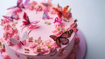 ai generato un' rosa torta con farfalle su esso e rosa glassatura foto