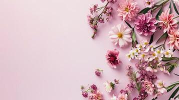 ai generato bandiera con fiori su leggero rosa sfondo. saluto carta modello per nozze, madri o womans giorno. primavera composizione con copia spazio. piatto posare stile foto