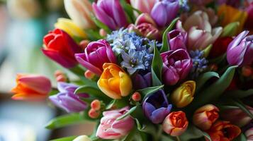 ai generato fresco mazzo di Multi colorato tulipani per nozze celebrazione foto